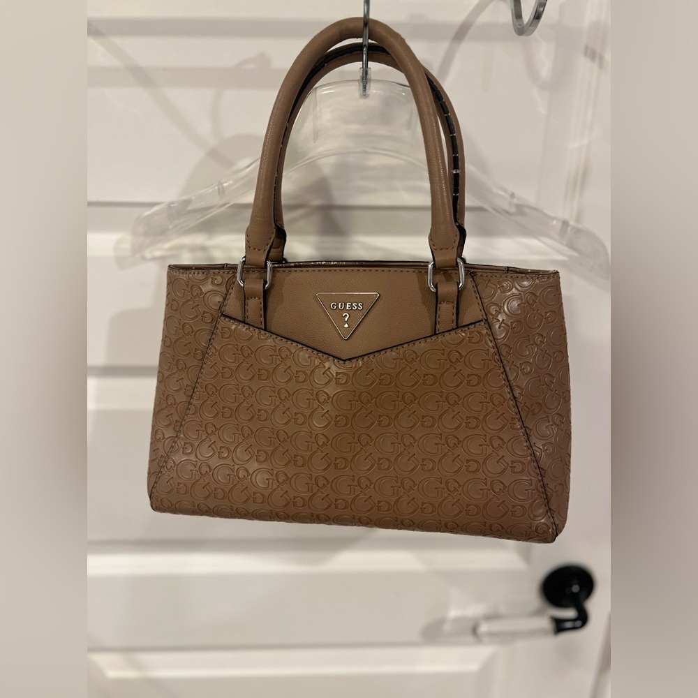 GUESS Taupe Brown Embossed Logo Satchel